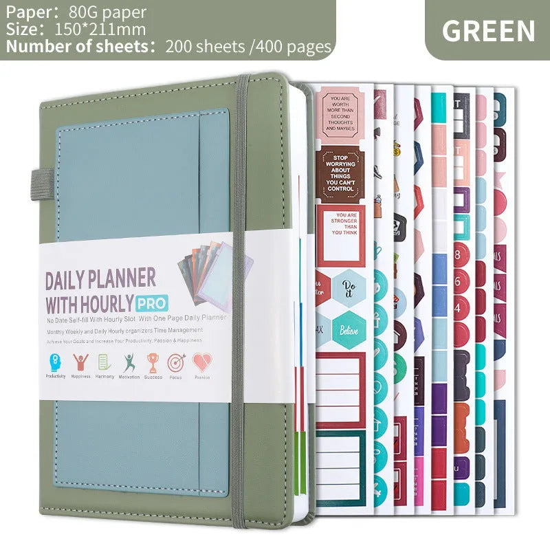 A5 no-date notebook with soft PU cover shown in purple, green, grey, black, pink, and orange, with planning stickers