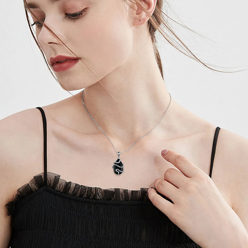 Sterling silver snake necklace with black obsidian and tourmaline teardrop crystal on an 18-inch cable chain