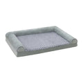 Light grey cloth dog kennel with a plush interior, shown in a home setting with a medium-sized dog.