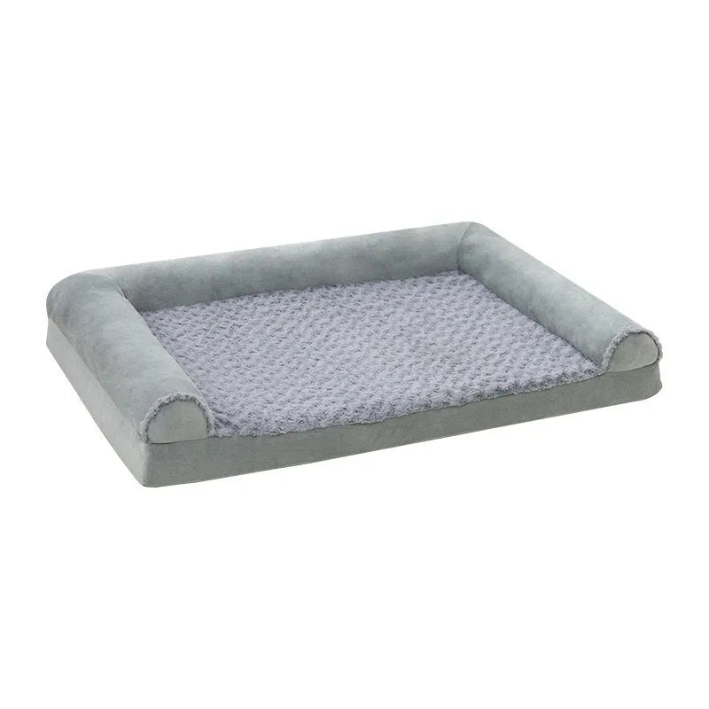 Light grey cloth dog kennel with a plush interior, shown in a home setting with a medium-sized dog.