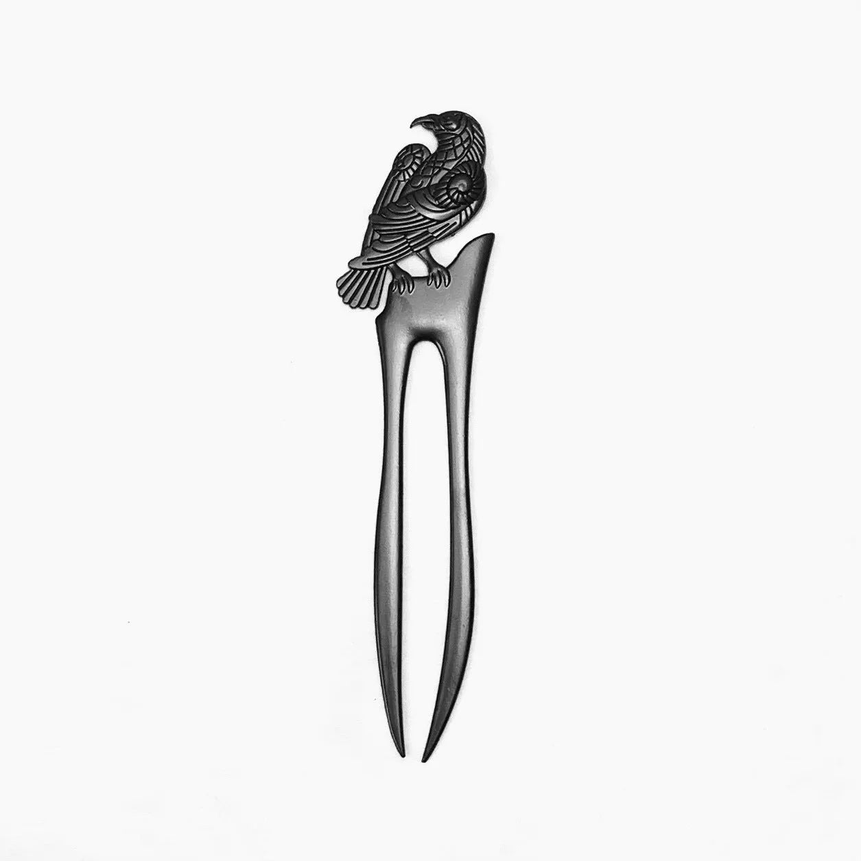 Retro black metal hairpin with double-sided three-dimensional crow carving, 16cm length