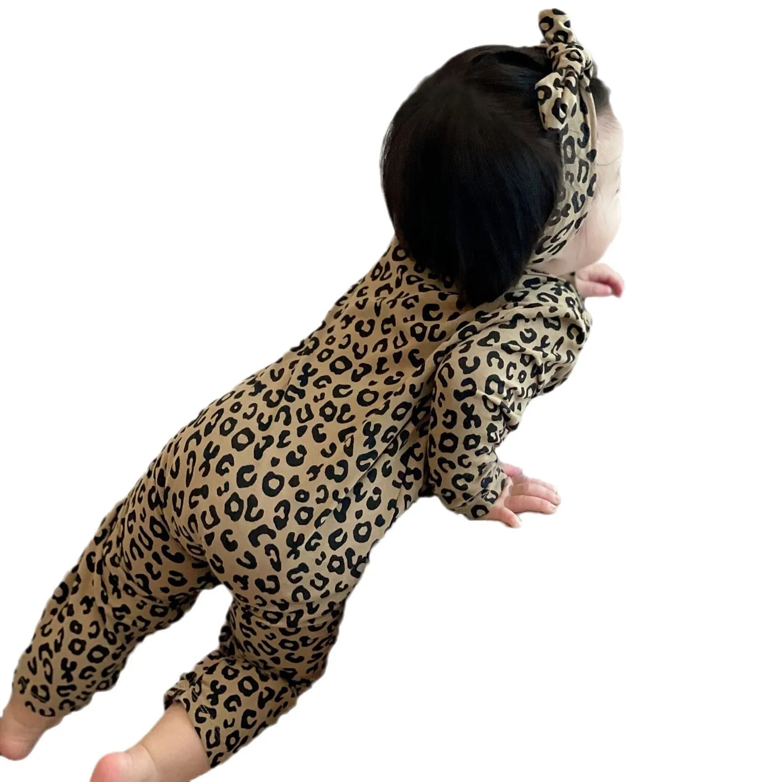 Brown leopard print cotton long-sleeved baby jumpsuit with matching headband, neutral unisex style