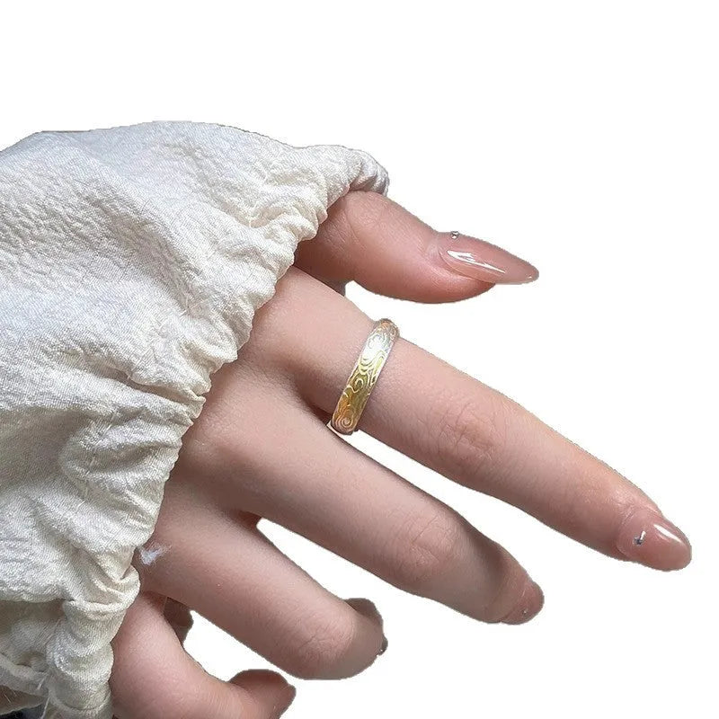 Adjustable open mouth white copper ring with geometric Xiangyun pattern and silver-gold electroplating