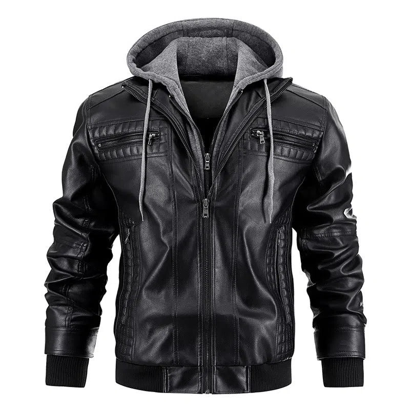 Men's black PU leather hooded jacket with zipper pockets, normal length 50cm, front view