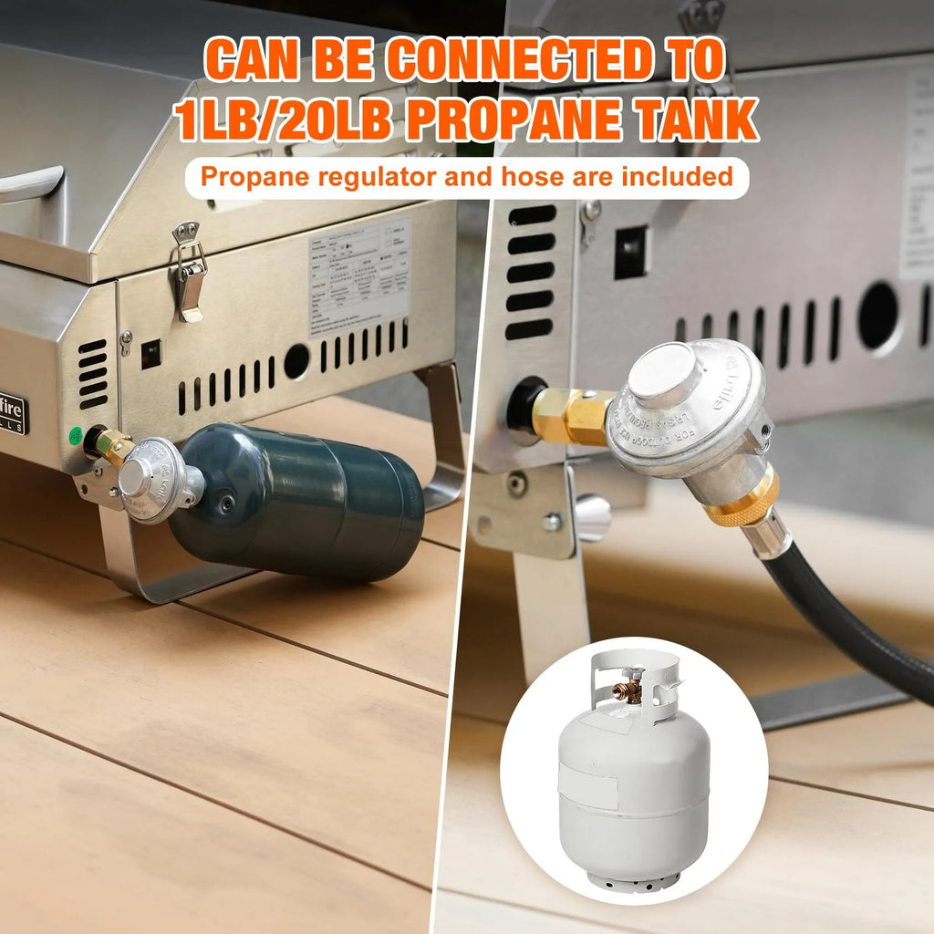 Silver desktop gas barbecue grill with three burners and foldable legs.