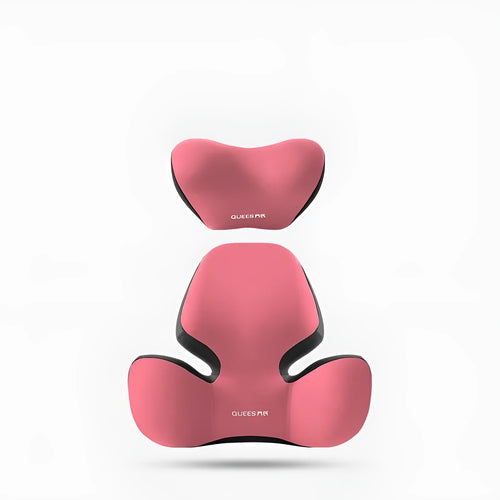 Black and grey memory foam car seat lumbar support pillow and matching headrest cushion on a car seat