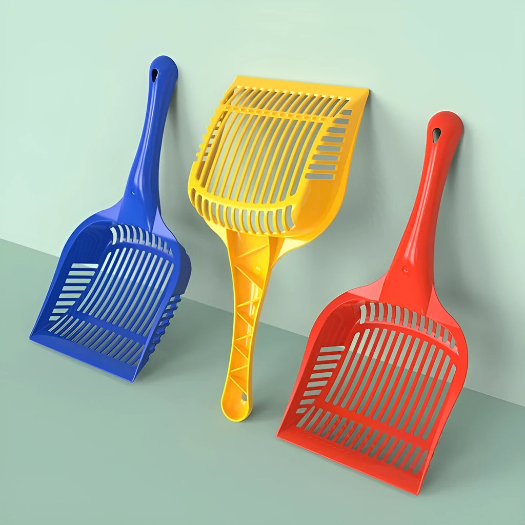 Plastic cat litter scoop in blue, red, or yellow colours showing small and medium size options