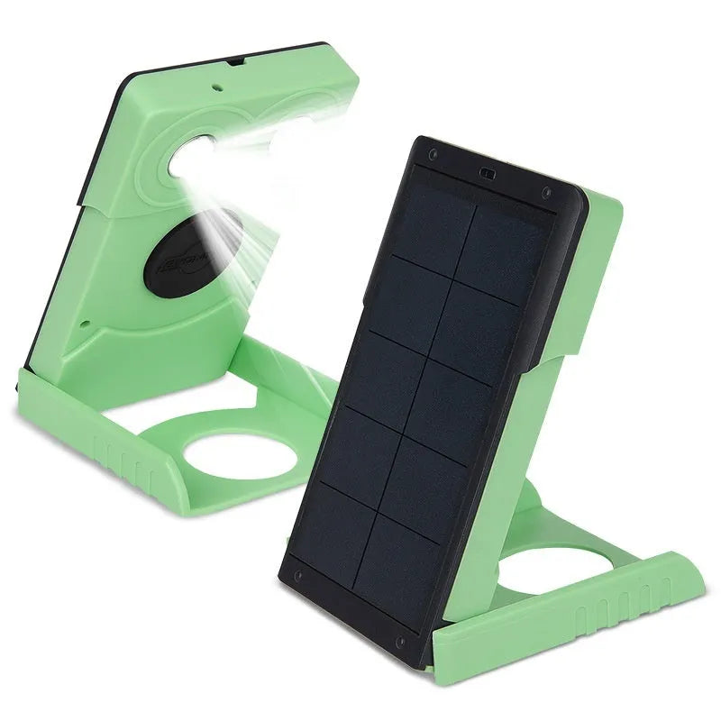 Solar rechargeable LED tent light in blue colour, plastic construction, with solar panel on top
