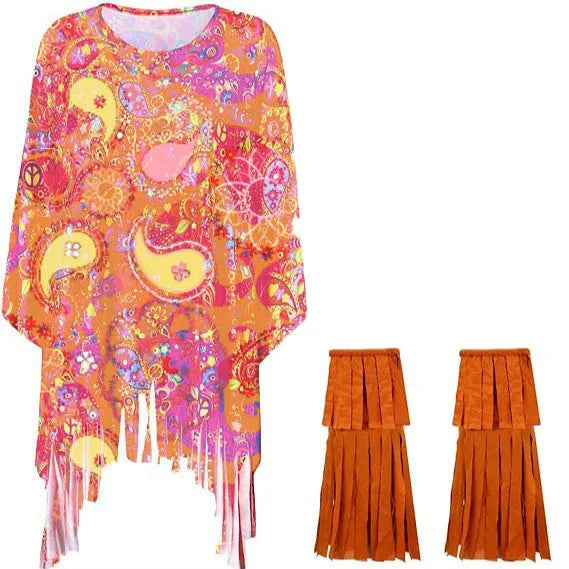 A person wearing a vibrant rainbow tie-dye cloak costume with flared bell sleeves, made from stretchy spandex fabric.