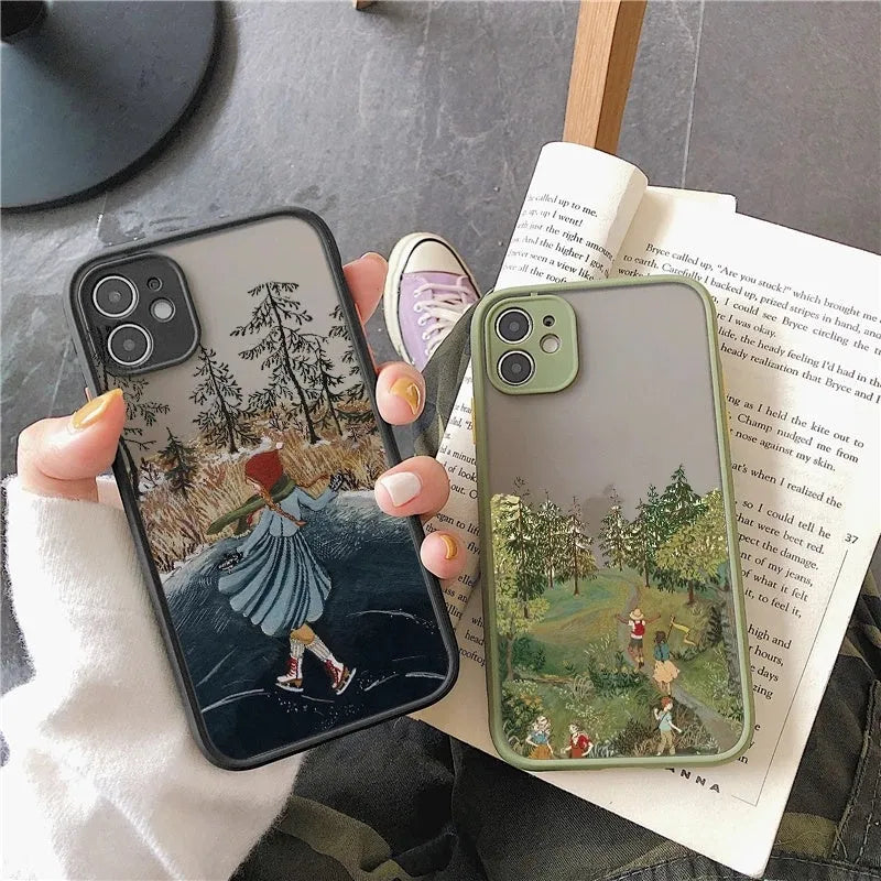 Vintage cartoon scenery girl phone case for iPhone models with Japan and South Korea style, options A B C