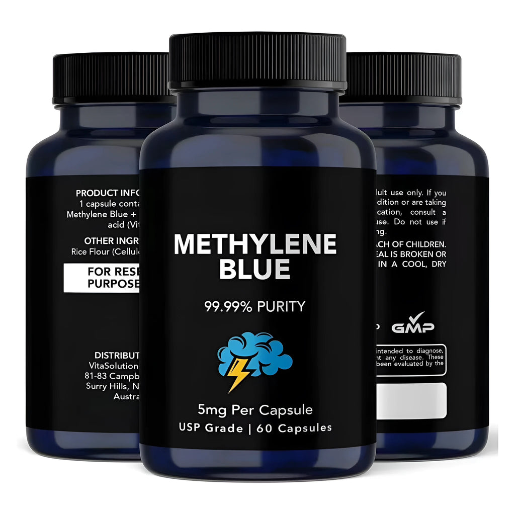 White methylene blue capsule supplement bottle containing 60 tablets