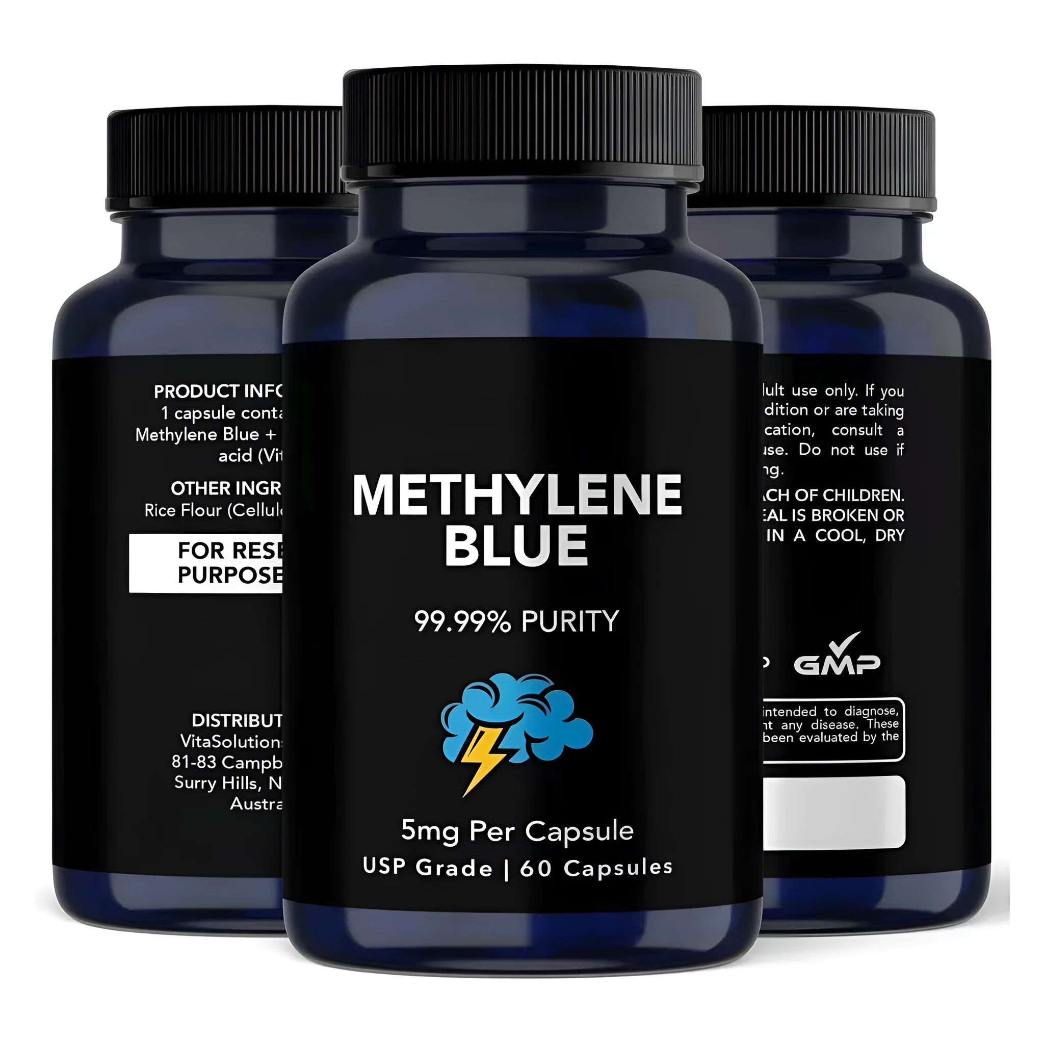 White methylene blue capsule supplement bottle containing 60 tablets