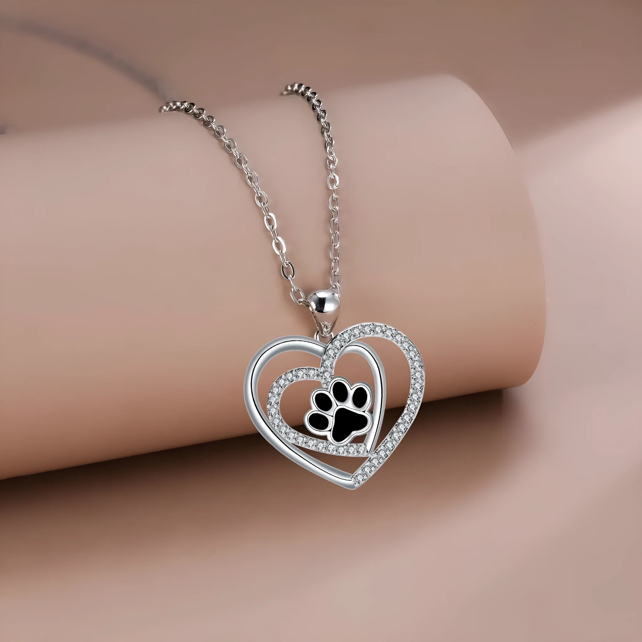 Women's dog paw print heart necklace with electroplated copper pendant and cross chain
