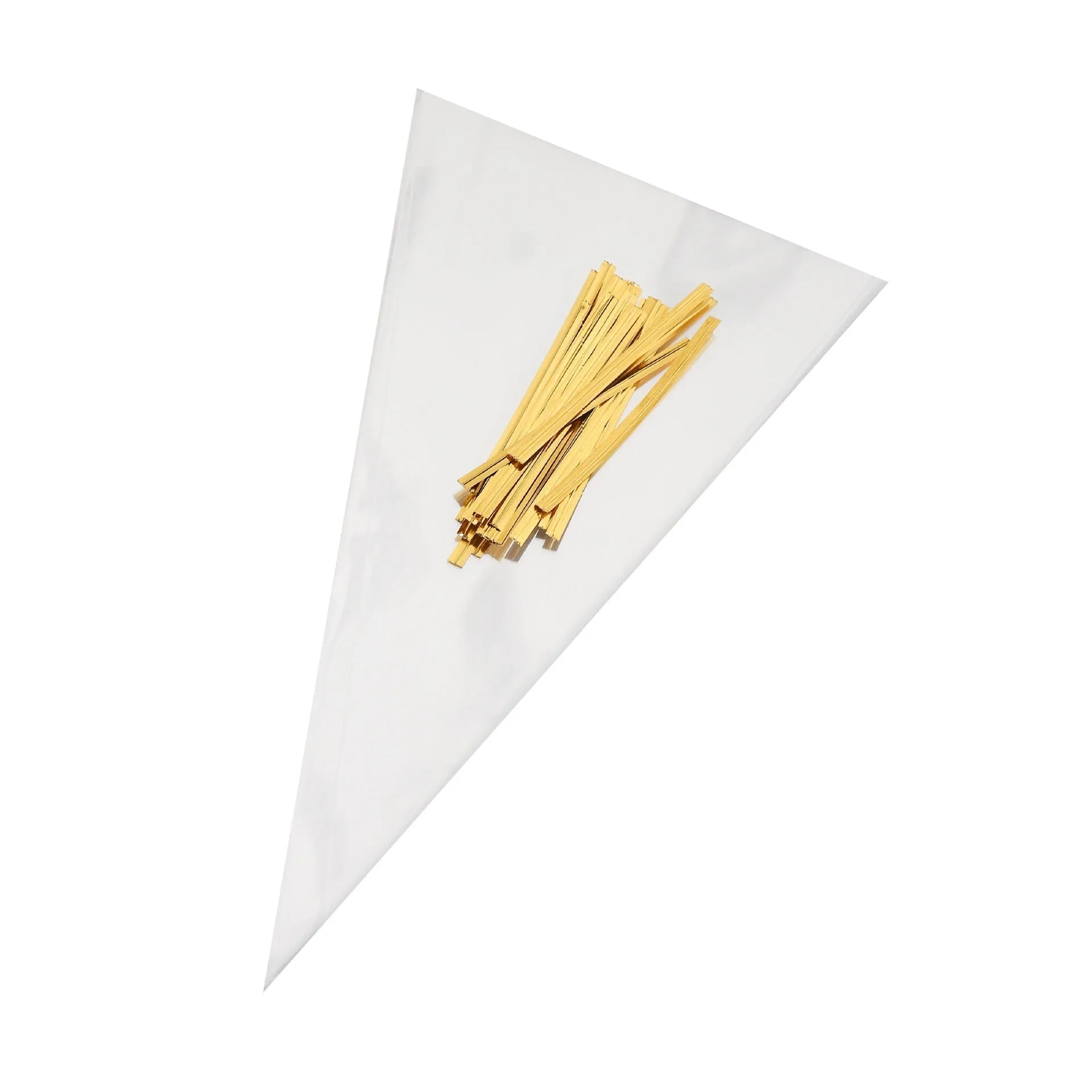 Clear triangular OPP plastic packaging bag with a twisted metal wire tie sealing the top.