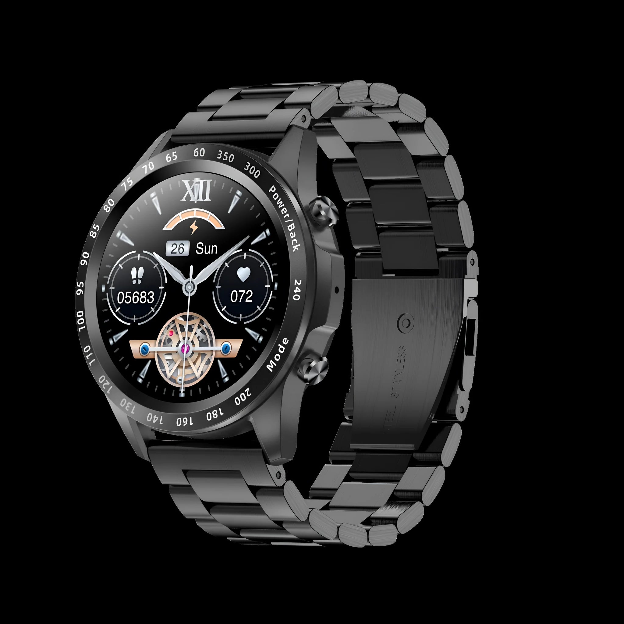 Black smart watch with zinc alloy case and leather strap showing 1.3-inch screen displaying heart rate data.