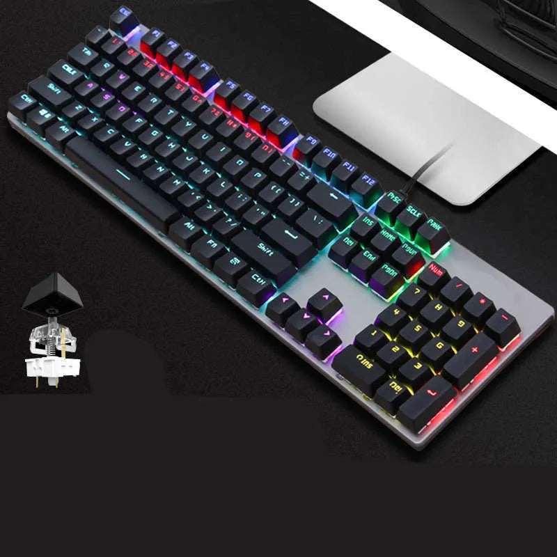 AOC GK410 wired mechanical keyboard with metal body and white backlit keys on a dark desk.