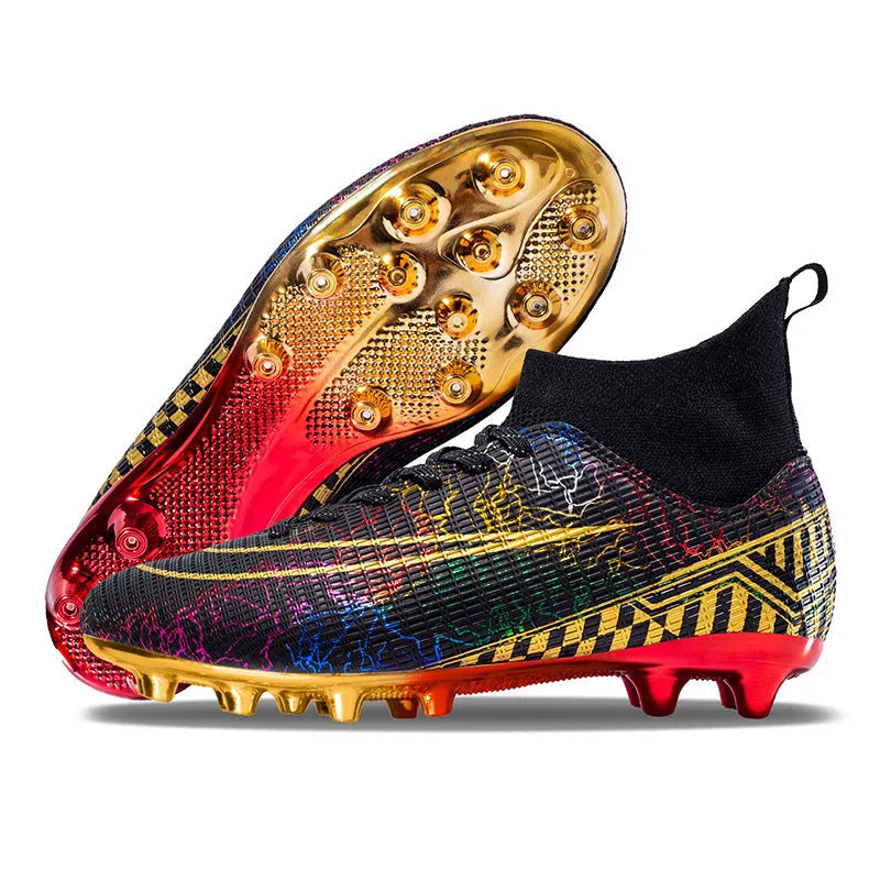 Men's white high-top synthetic leather soccer training shoes with gold plated sole on artificial grass.
