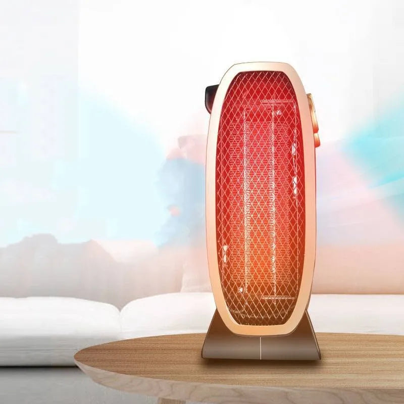 Compact white electric fan heater with mechanical control knobs on a wooden floor.
