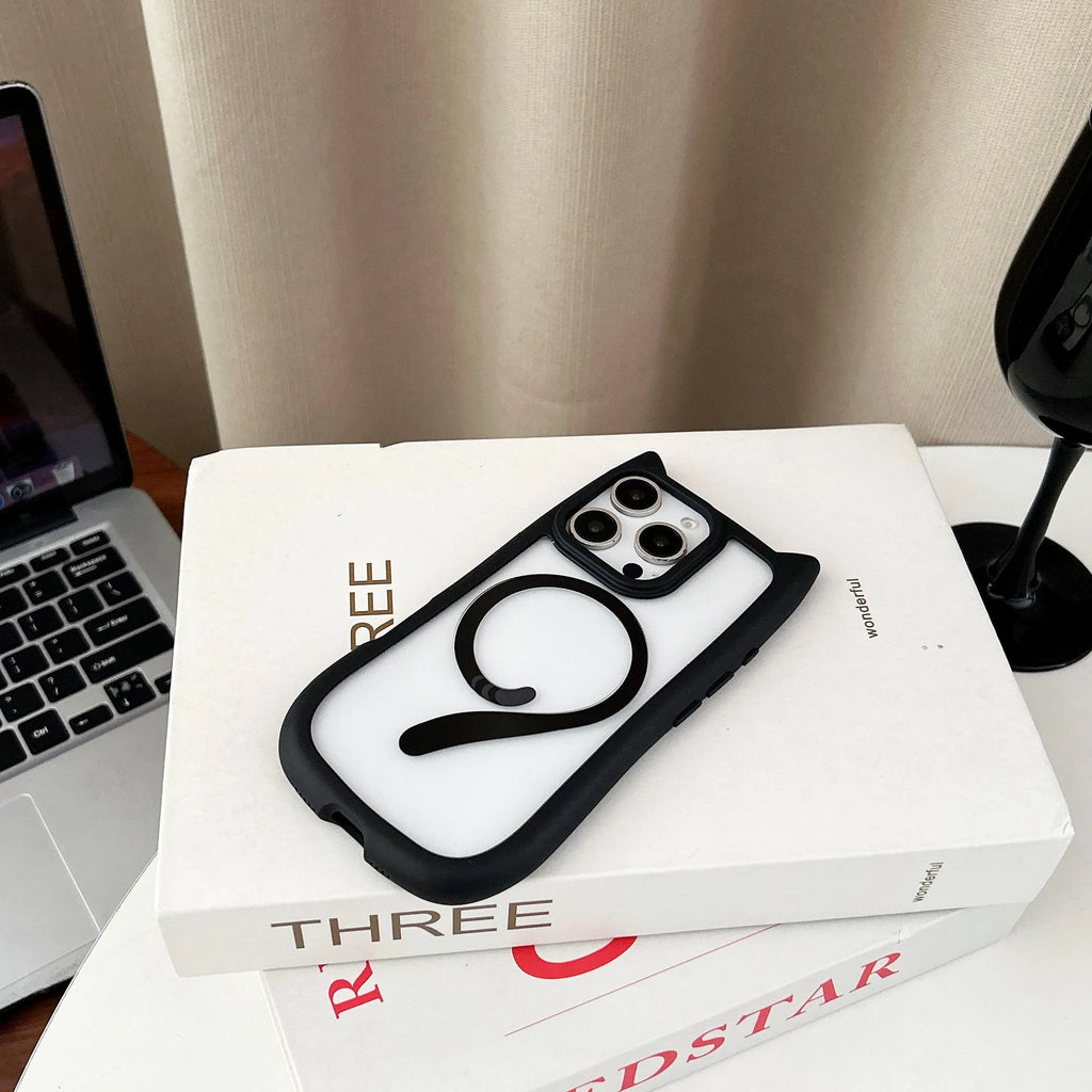Clear acrylic and TPU magnetic phone case for iPhone 17 in black, blue, grey, and pink colours.