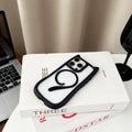 Clear acrylic and TPU magnetic phone case for iPhone 17 in black, blue, grey, and pink colours.