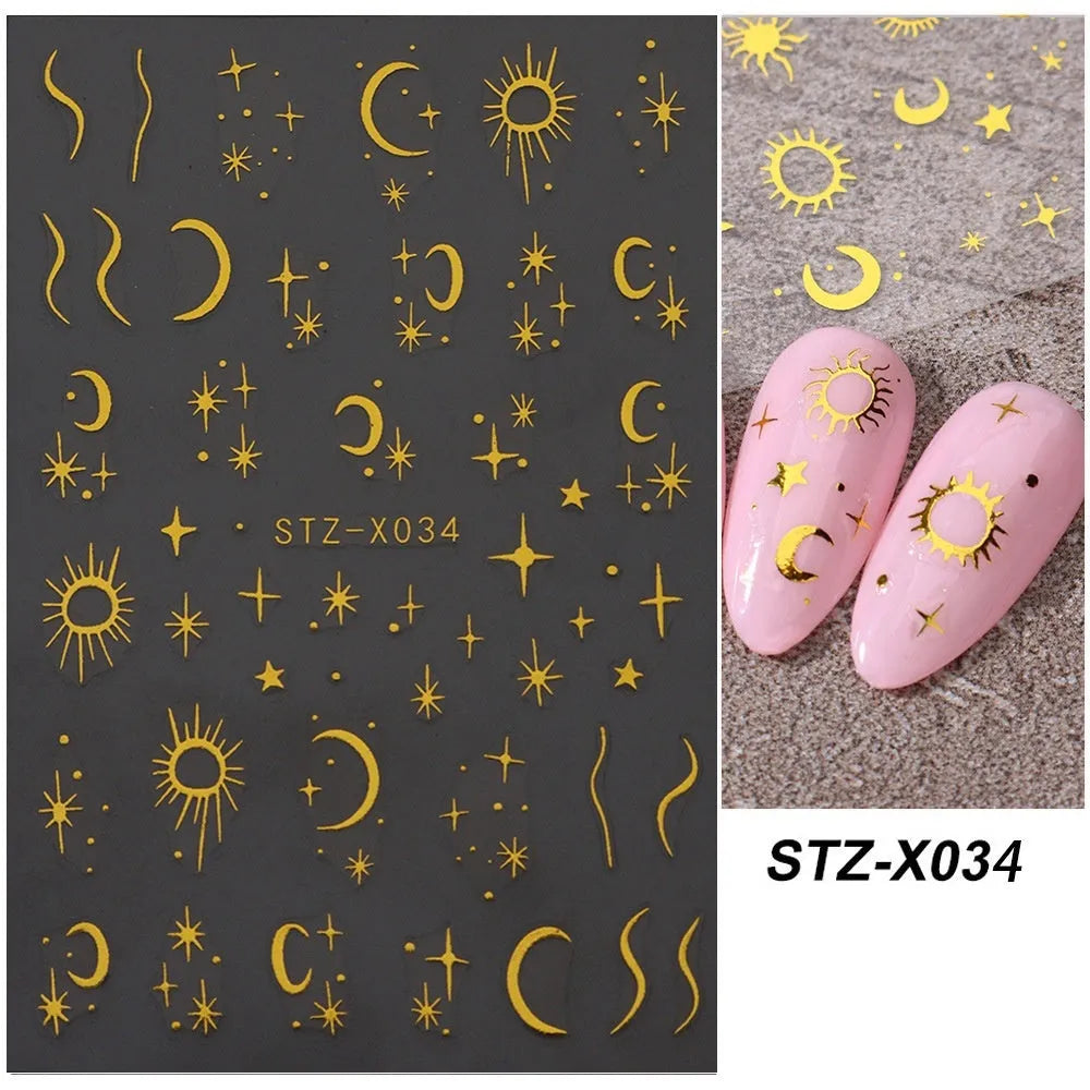 Cartoon-themed nail art sticker sheet with black and silver strip patterns and love motifs
