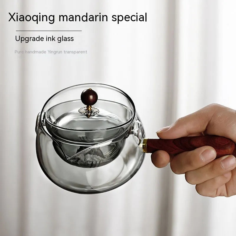 Semi-automatic rotary glass teapot with infuser and wooden handle, transparent borosilicate glass, modern simplicity style