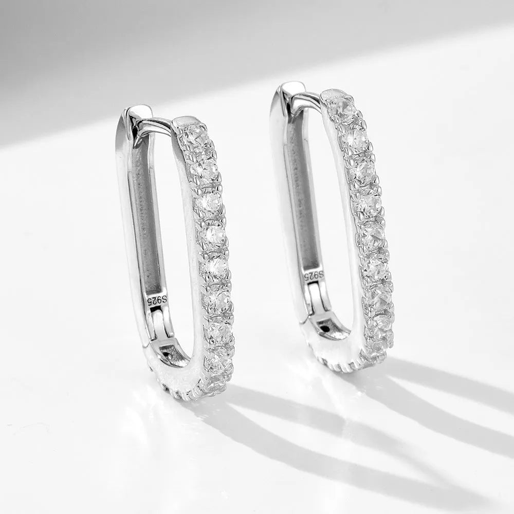 Sterling silver geometric ear clip earrings with oval zircon stones in European-American style