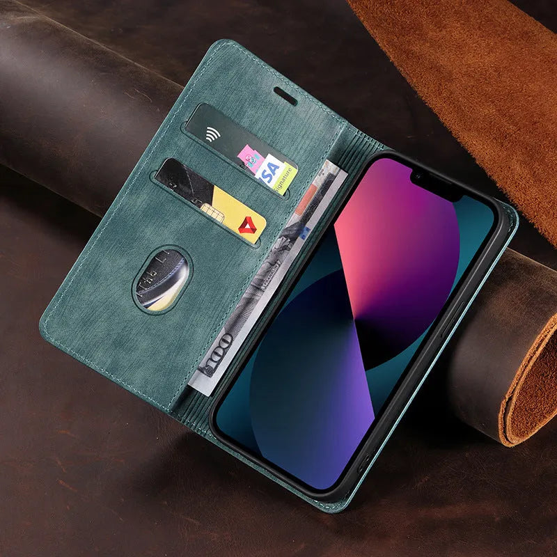 Magnetic flip phone case in leather for iPhone, shown open with cards in slots and closed with magnetic seal.