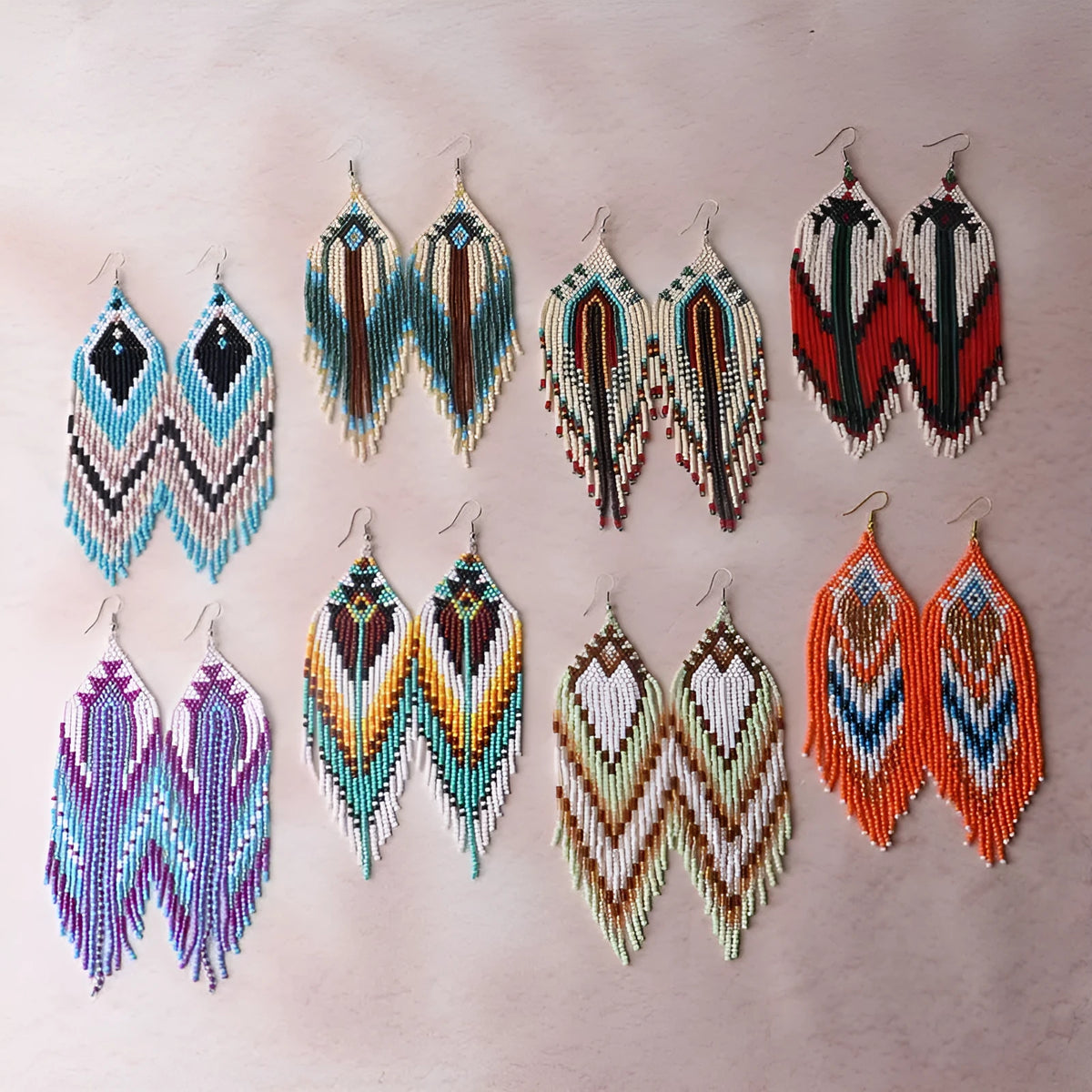 Hand-woven glass bead women's earrings in Bohemian geometric style with colourful glaze beads and alloy fittings