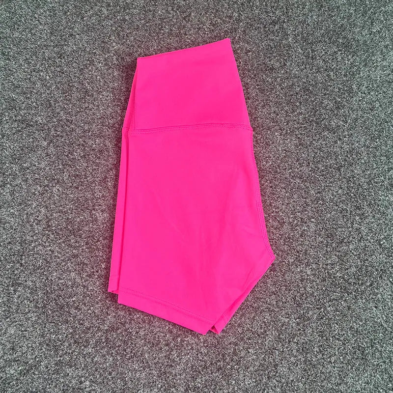 Women's high waist yoga shorts in nylon fabric for running and sports, shown in a selection of colours.