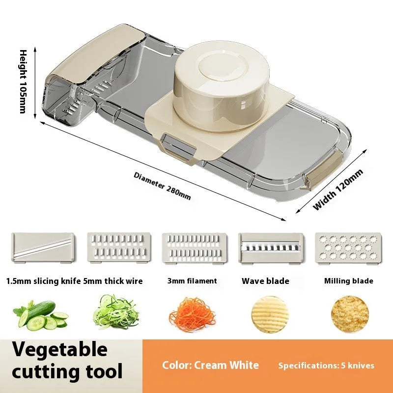 Transparent 2in1 multifunctional vegetable cutter with five blades and draining basket on countertop