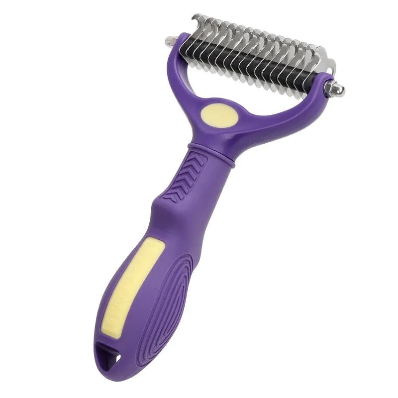Purple plastic dual-sided pet comb for detangling dog and cat fur knots