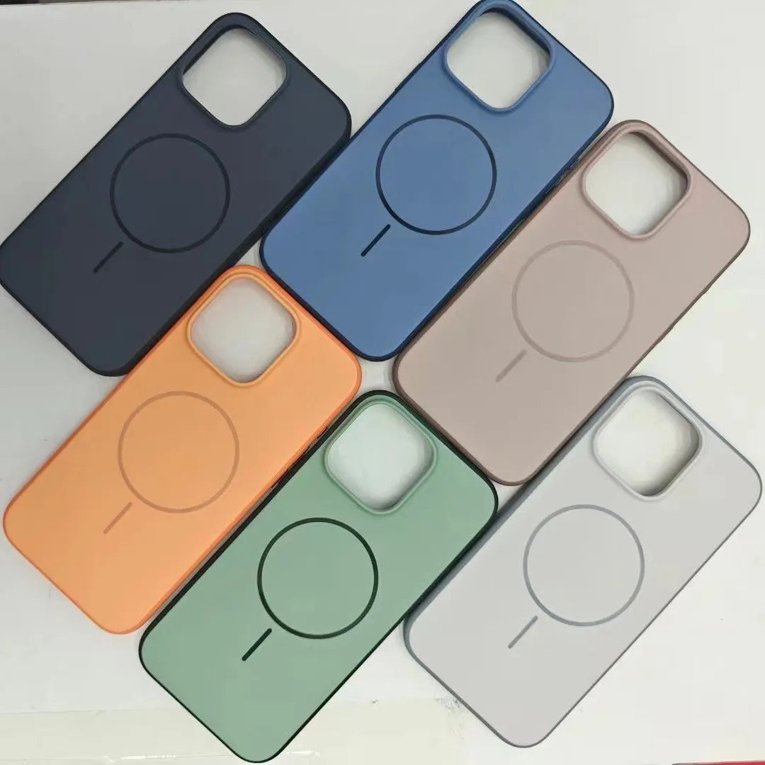 Blue frosted magnetic iPhone case showing a side button labelled 'AI' for camera controls.