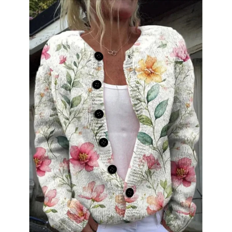 Yellow digital print cardigan coat with a 3D pattern, shown on a hanger