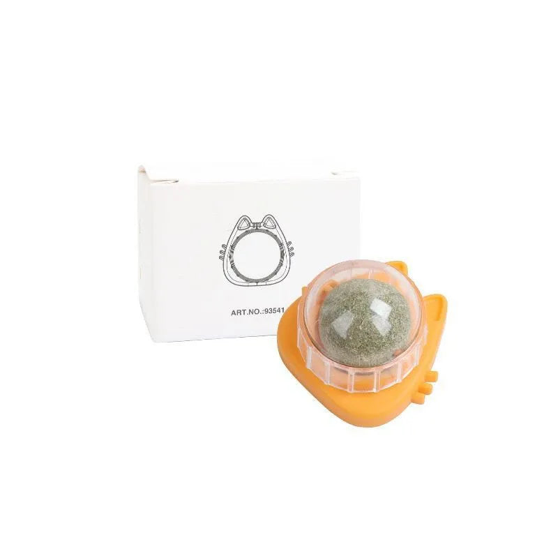 Colourful rotating catnip ball wall toy with edible mint material in cat face shape
