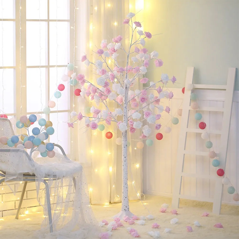 60cm rose tree lamp with 7cm pink and white rose heads and USB battery dual-purpose power