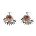 Purple and blue diamond embedded round crystal tassel earrings with thick gold plated copper geometry design