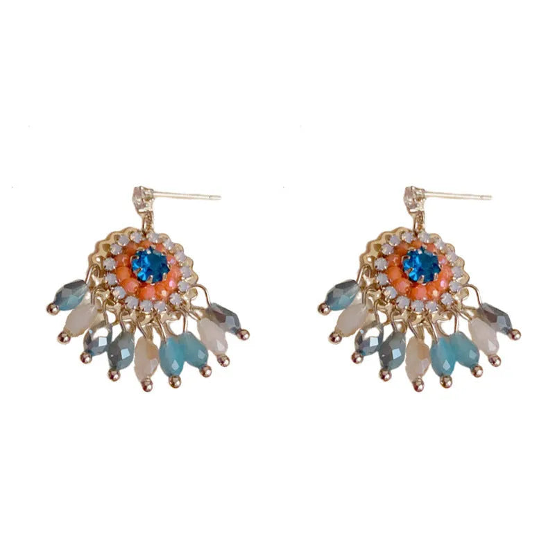 Purple and blue diamond embedded round crystal tassel earrings with thick gold plated copper geometry design