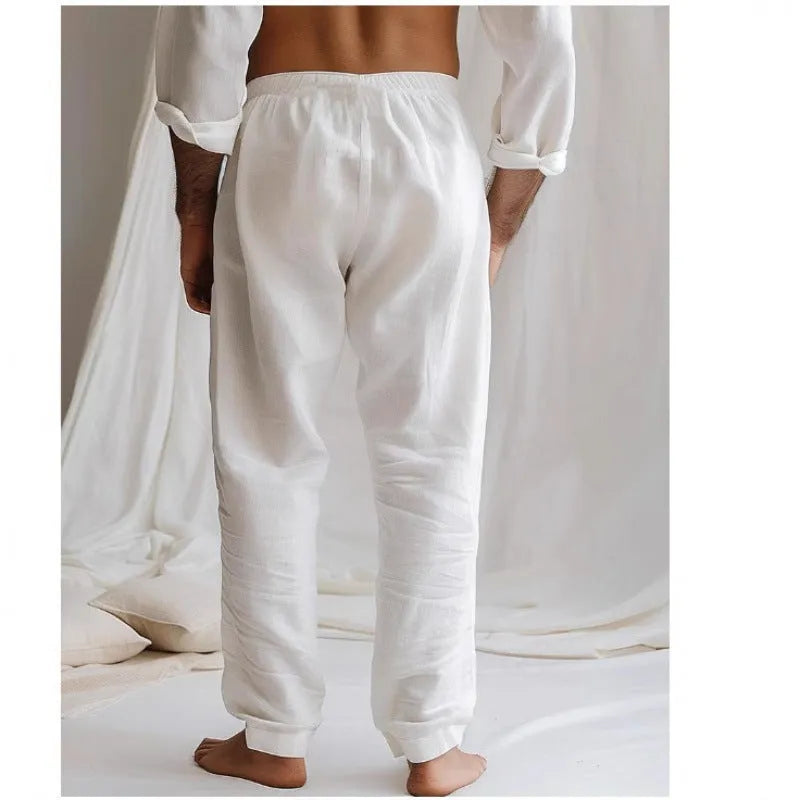 Men's light grey summer trousers with an elastic drawstring waistband and straight-leg loose fit