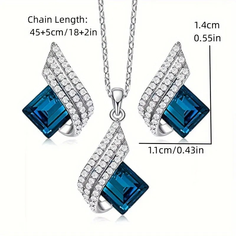 Women's electroplated alloy necklace and ear stud set with glass decoration pendant