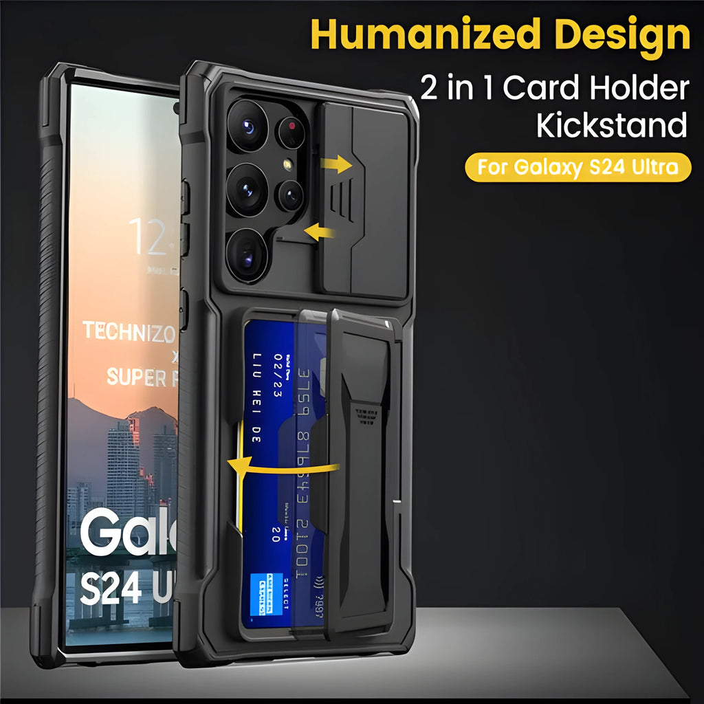 Black S24 Ultra phone case with card holder and sliding bracket