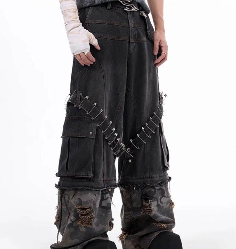 Men's grey camouflage jeans with splicing structure and pin ribbon detailing in cotton denim