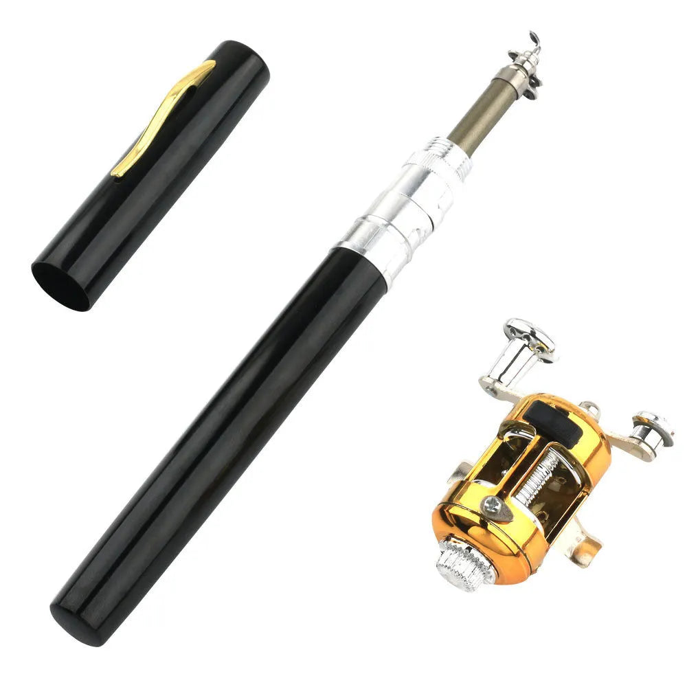 Portable telescopic fishing rod kit with gold reel and aluminium case, extended to 1m and collapsed to 20.5cm.