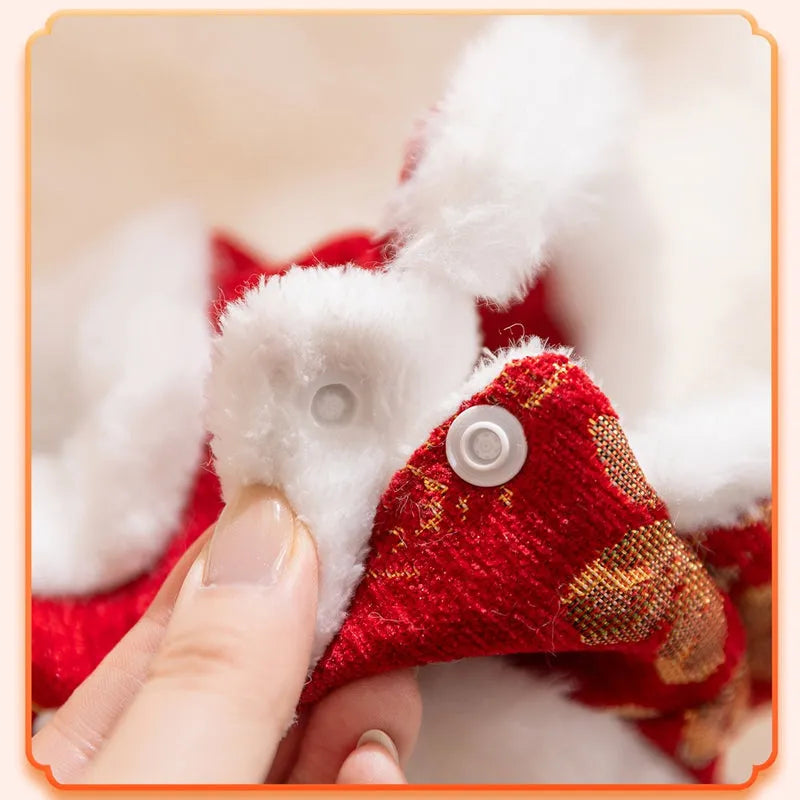 Chinese New Year pet vest with Chinese knot buttons, faux fur trim, and built-in leash ring in red or beige