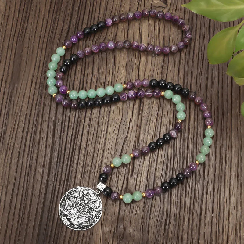Long yoga lotus pendant necklace and matching bracelet set with adjustable length and handmade stone beads