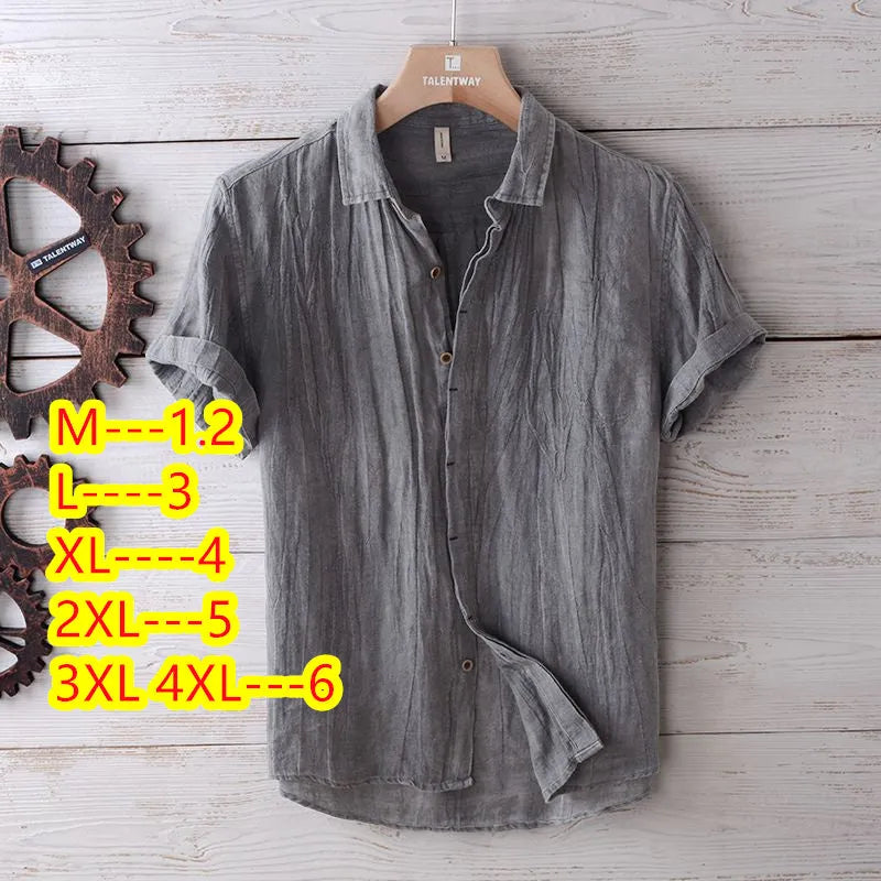 Men's solid colour retro distressed linen shirt in white with relaxed fit and button front