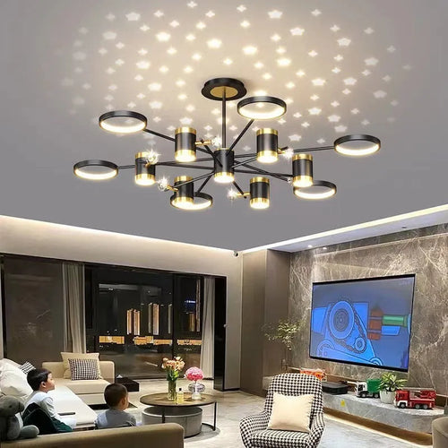 Black 13-head iron pendant chandelier with remote control and adjustable suspension