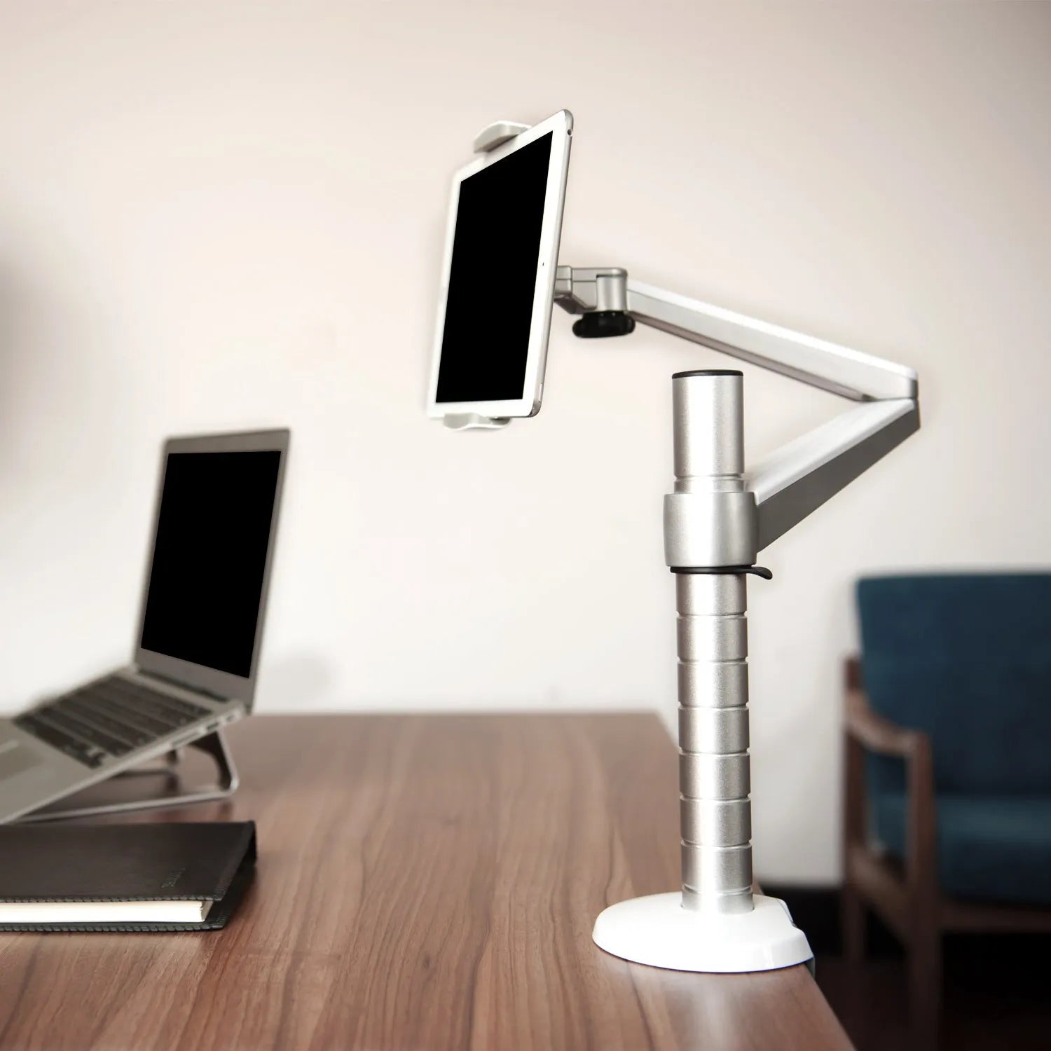 Silver aluminium alloy double-arm laptop stand with 310mm column height and clip-on desk mount