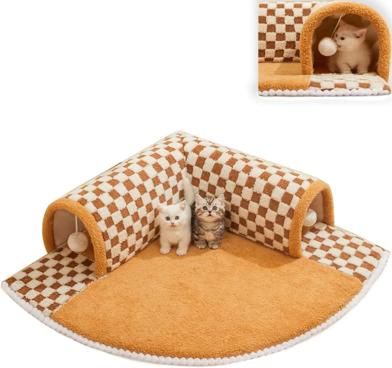 Plush plaid cat tunnel bed with non-slip bottom and central mat for indoor cats