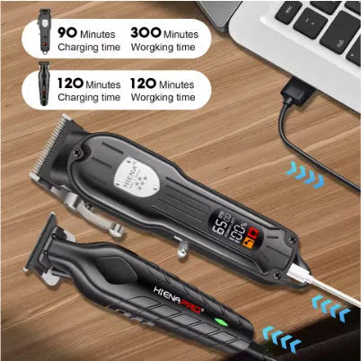 Black professional hair clipper set with aluminum foil shaver attachment and LED display